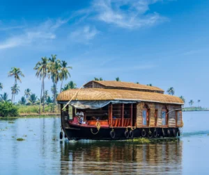 traditional Kerala houseboat cruising through calm backwaters surrounded by palm trees