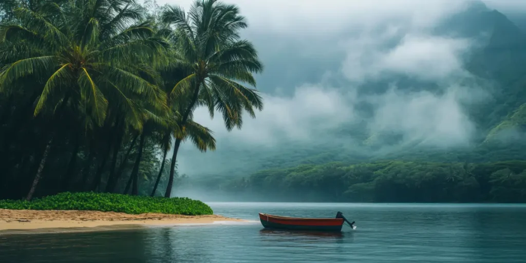 Beyond the Beaches – tranquil tropical backwaters with palm trees, misty hills, and a traditional wooden boat