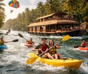 A group of people kayaking and enjoying watersports near a traditional Kerala houseboat surrounded by lush palm trees.