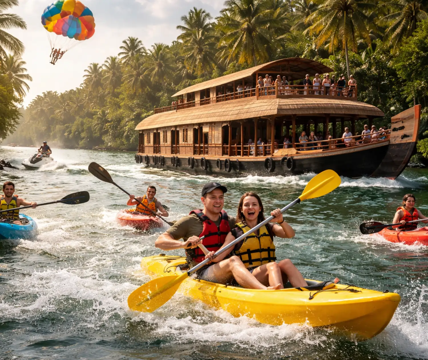 A group of people kayaking and enjoying watersports near a traditional Kerala houseboat surrounded by lush palm trees.