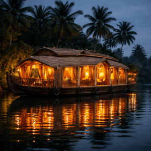 One night stay in houseboat Kerala with luxury wooden interiors glowing at night on peaceful backwaters.