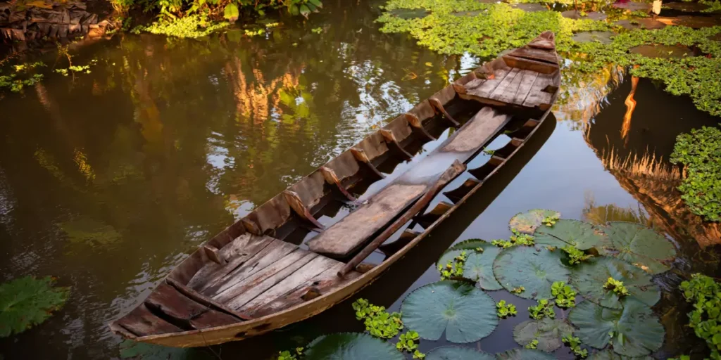 Traditional wooden canoe on the Alleppey houseboat route with lily pads and calm backwater scenery in Kerala.