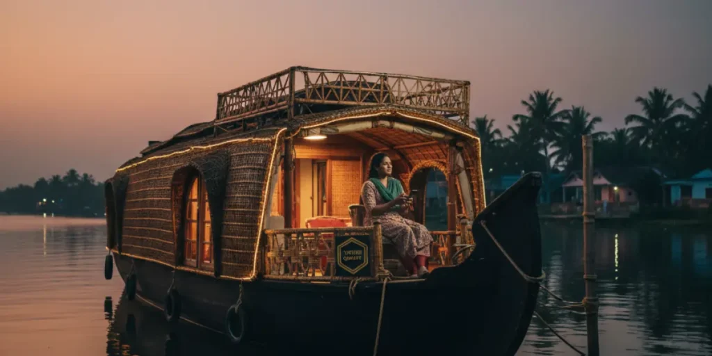 Private Kerala houseboat at sunset with warm lights reflecting on calm backwaters and palm trees in the background.