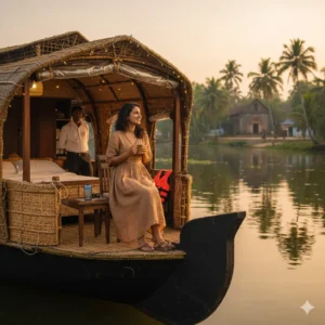 Luxury private Kerala houseboat with illuminated deck floating on calm backwaters at sunset.