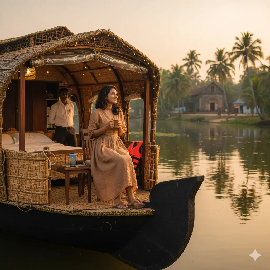 Luxury private Kerala houseboat with illuminated deck floating on calm backwaters at sunset.