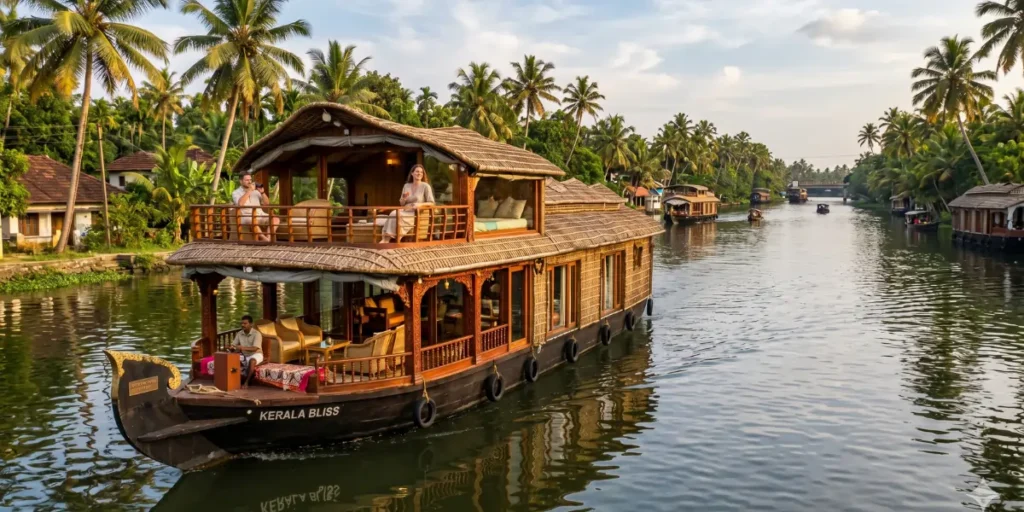 Private deluxe houseboat sailing through the scenic backwaters of Alleppey with guests enjoying a luxury stay amidst coconut palm-lined waterways.