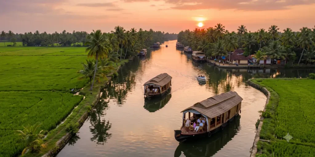High-angle aerial view of two traditional houseboats cruising down a calm river, a classic route for Kerala Houseboat holiday packages, flanked by vibrant green rice paddies.