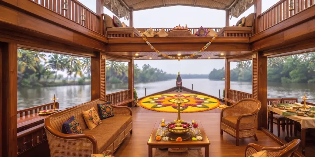 The elegant interior of a Kerala houseboat featuring a traditional floral pookalam for a Kerala Onam vacation 2026.
