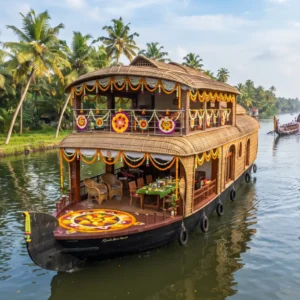 A festive wooden houseboat decorated with floral garlands, perfect for a relaxing Kerala Onam vacation 2026 on the backwaters.