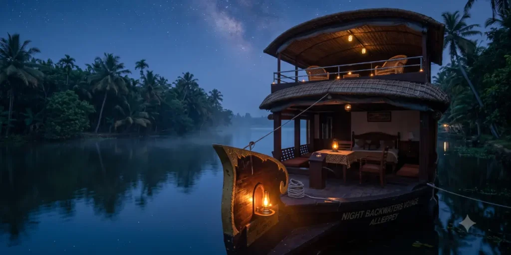 A two-story overnight houseboat Kerala experience, showcasing a traditional wooden boat named 'Night Backwaters Voyage Alleppey' glowing with warm lanterns on a calm river under a starry night sky.
