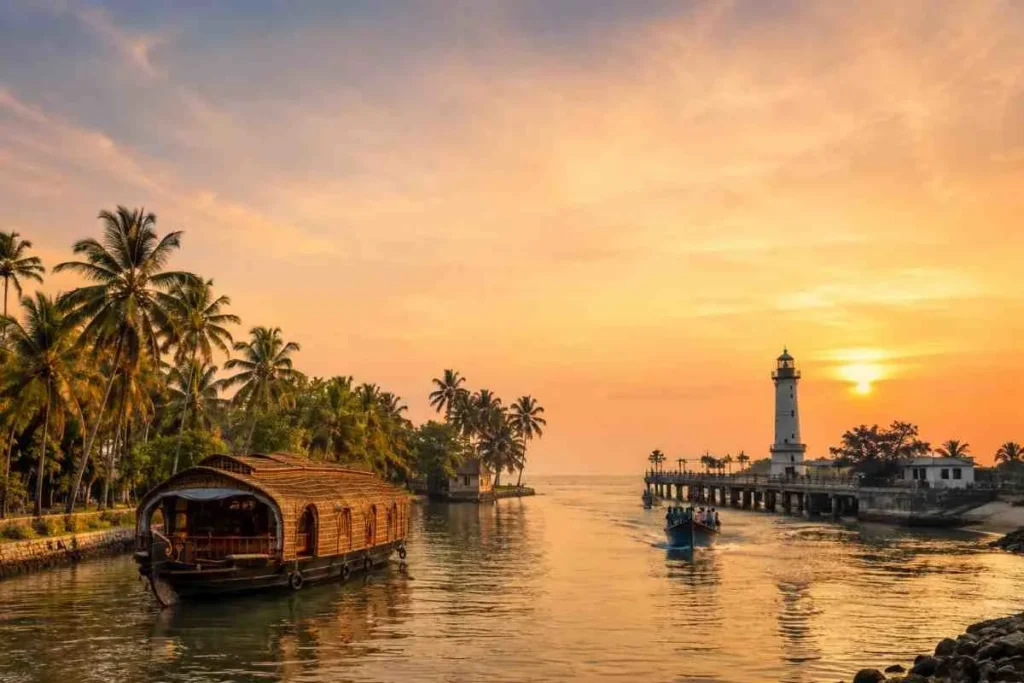 Wide panoramic view of Alleppey's coast and backwaters at sunset, with a traditional Kerala houseboat on the left, palm-lined canals, a working lighthouse and old pier on the right, and fishing boats returning across the golden water.
