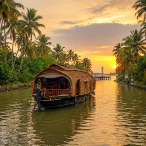 Serene Kerala backwater scene at golden hour featuring a traditional thatched-roof houseboat gliding through calm canal water, surrounded by coconut palms, with a distant pier and lighthouse silhouette on the horizon.