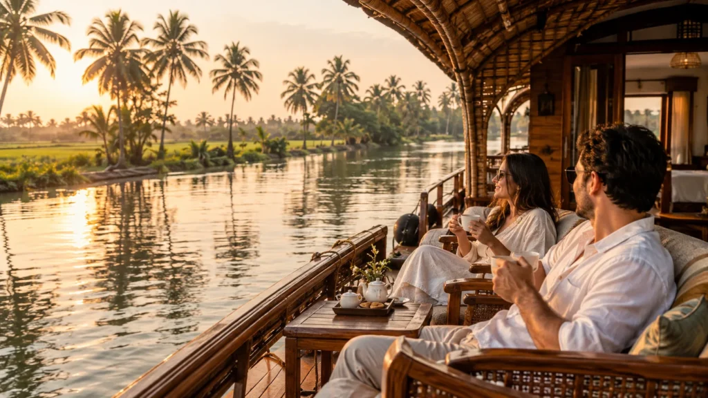 Couple relaxing with tea on the open deck of a traditional Kerala houseboat as it cruises through palm-lined backwaters and green fields during golden hour.
