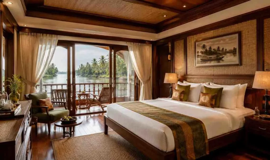 Luxurious AC houseboat bedroom in Alleppey, Kerala, featuring an elegant king-size bed, warm wooden interiors, soft curtains, and an open private balcony overlooking the tranquil backwaters and coconut palms.