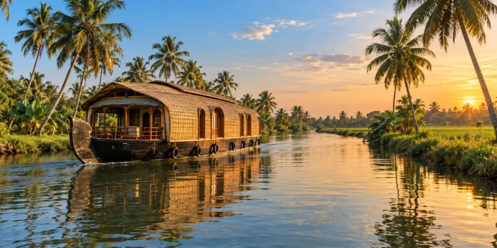 Traditional Kerala houseboat cruising through Alleppey backwaters at golden hour, showing why this is among the best time to go Alleppey for scenic houseboat views