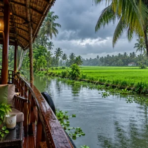Lush green paddy fields and Kerala backwaters viewed from a houseboat during monsoon, highlighting the best time to go Alleppey for vibrant landscapes