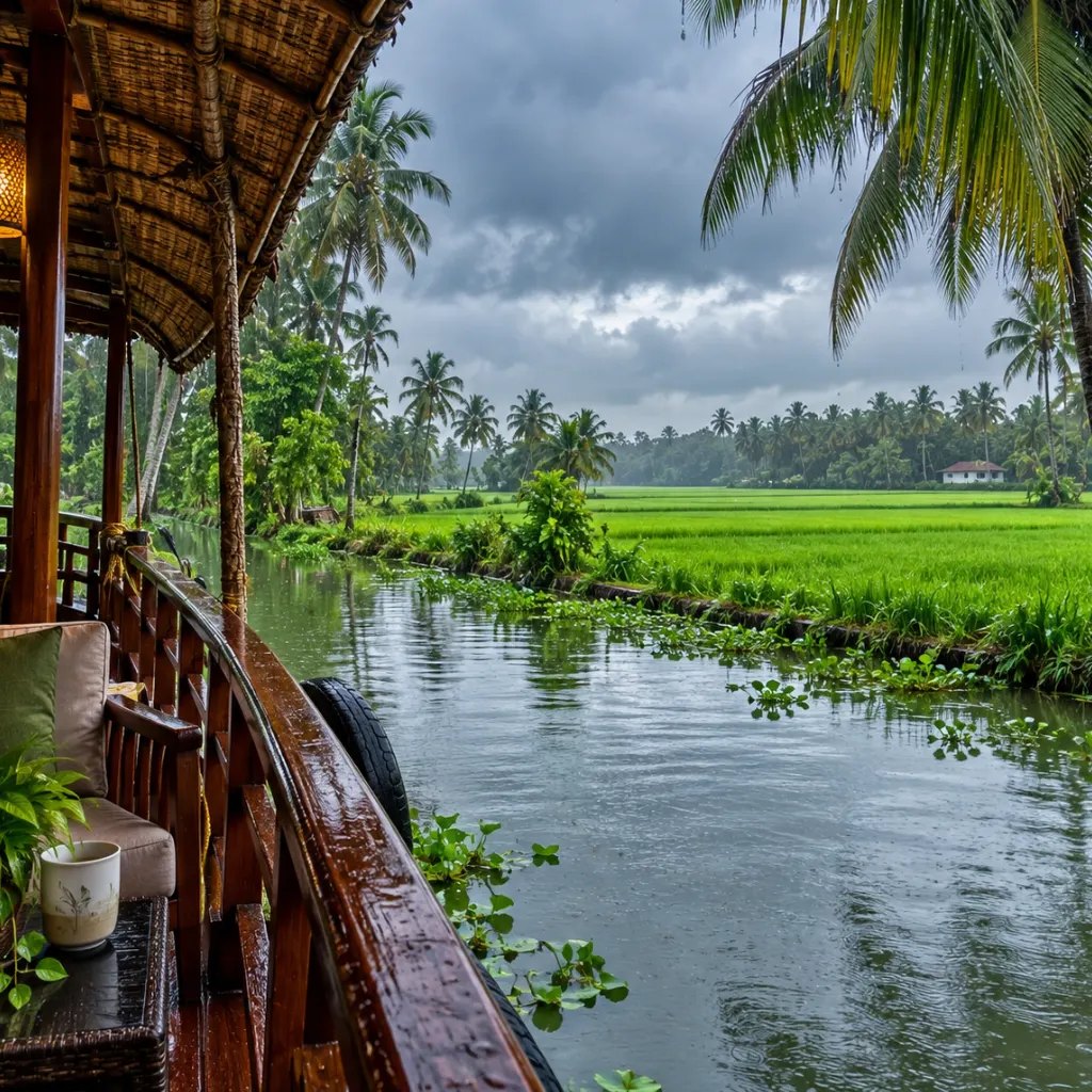 Lush green paddy fields and Kerala backwaters viewed from a houseboat during monsoon, highlighting the best time to go Alleppey for vibrant landscapes