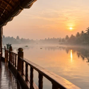 Traditional Kerala houseboat floating through peaceful backwaters at sunrise captured in houseboat photography