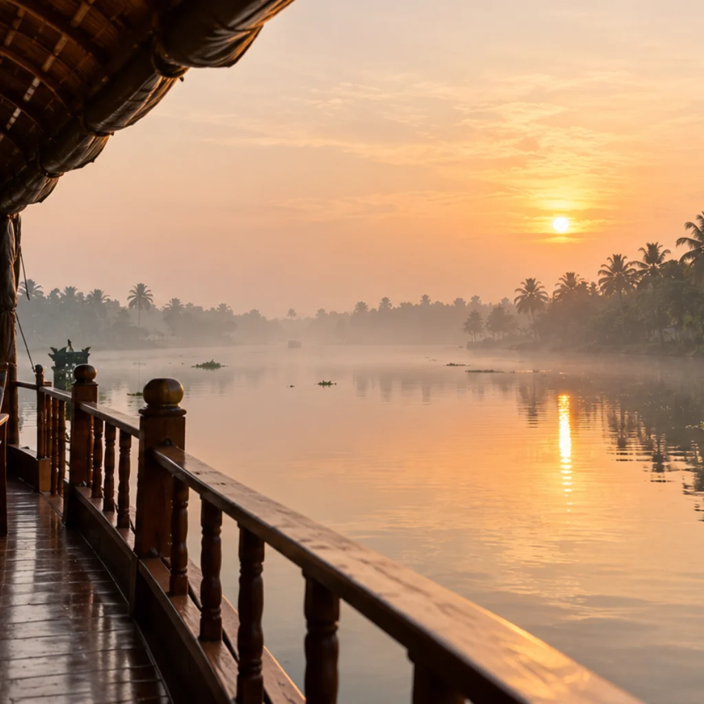 Traditional Kerala houseboat floating through peaceful backwaters at sunrise captured in houseboat photography