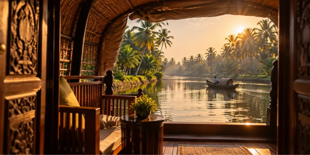 Traditional Kerala houseboat doorway framing a palm-lined canal and small boat in golden-hour houseboat photography