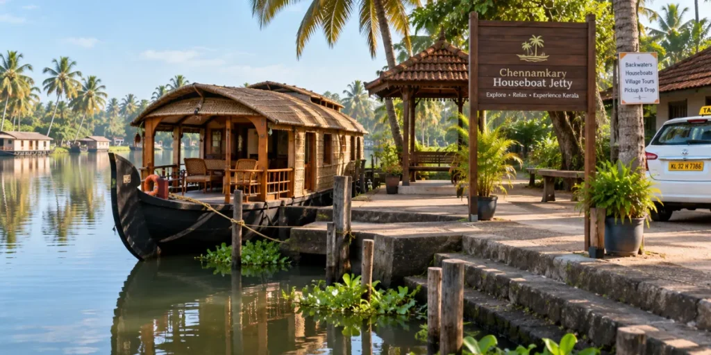 Kochi airport to Alleppey houseboat journey ending at a traditional Kerala backwater jetty