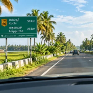 Kochi airport to Alleppey houseboat drive through Kerala countryside with coconut palms and paddy fields