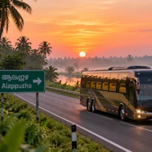 Overnight sleeper bus on the Bangalore to Alleppey route arriving in Kerala at sunrise