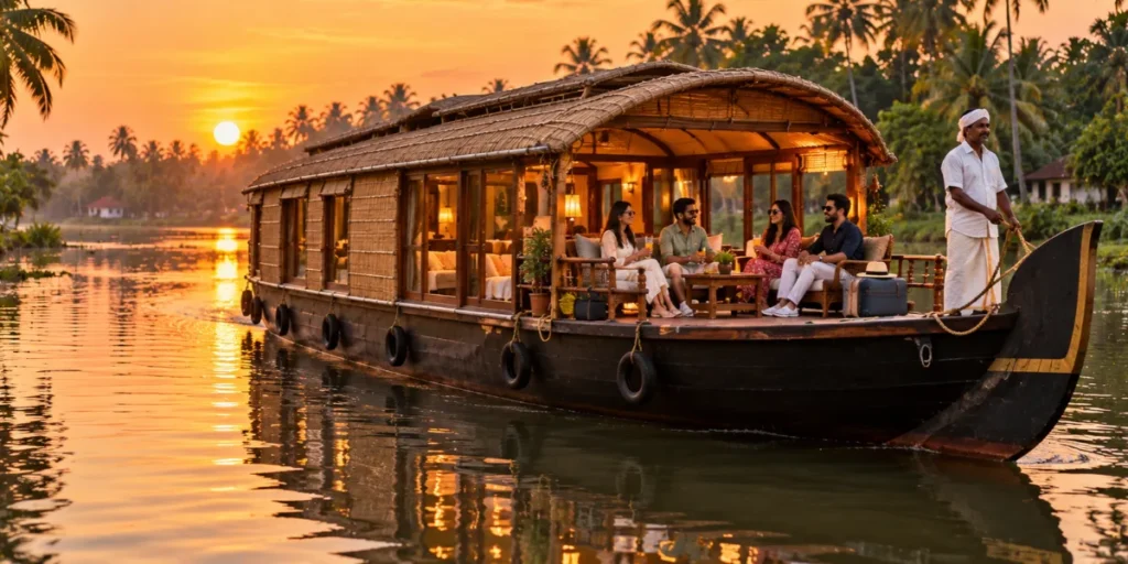 Weekend houseboat cruise at sunset after a Bangalore to Alleppey trip