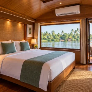 Air-conditioned houseboat bedroom with backwater view for a family Diwali vacation