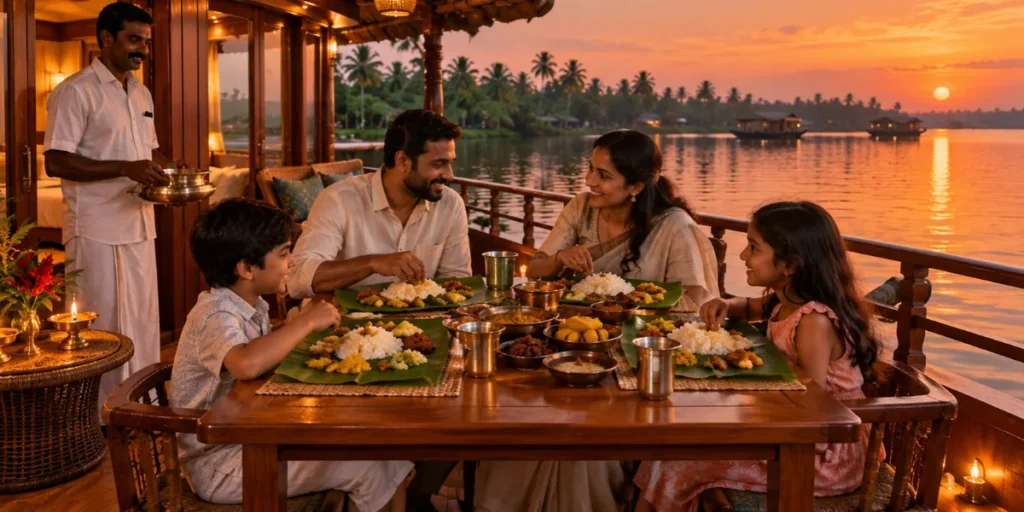 Family enjoying a Kerala meal on a houseboat deck at sunset during a Diwali vacation
