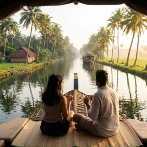 Couple relaxing on an Alleppey houseboat deck during a Kerala trip for couples through the backwater canals