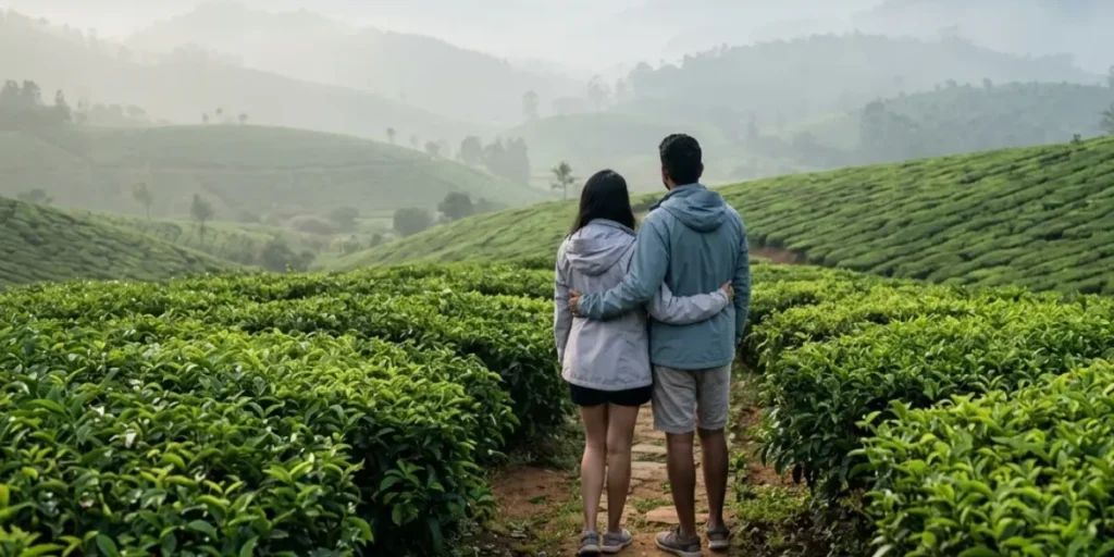 Couple walking through misty Munnar tea plantations on a Kerala trip for couples